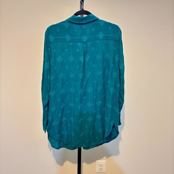 Chico's Cotton Blend Embroidered Teal Button Front Long Sleeve Tunic Top - Picture 10 of 10
